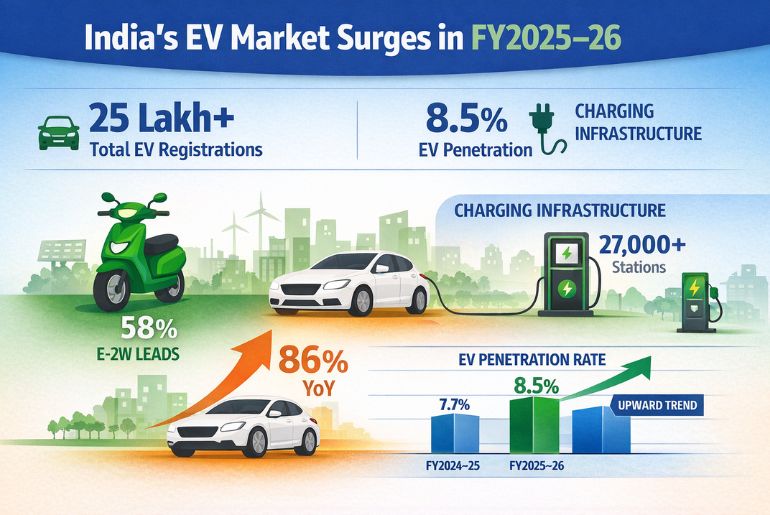 India’s EV Penetration Reaches 8.5% in FY2025–26; Registrations Cross 25 Lakh Units