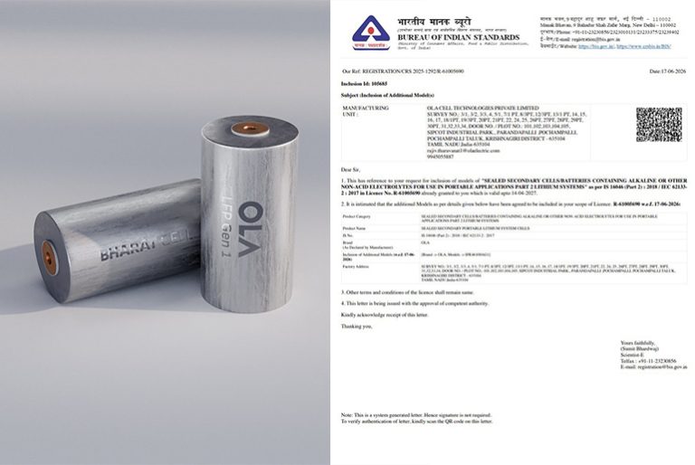 Ola Electric Secures BIS Certification for India’s First Indigenous 46100 LFP Battery Cell Ola's Indigenous 46100 LFP Cell Receives BIS Certification