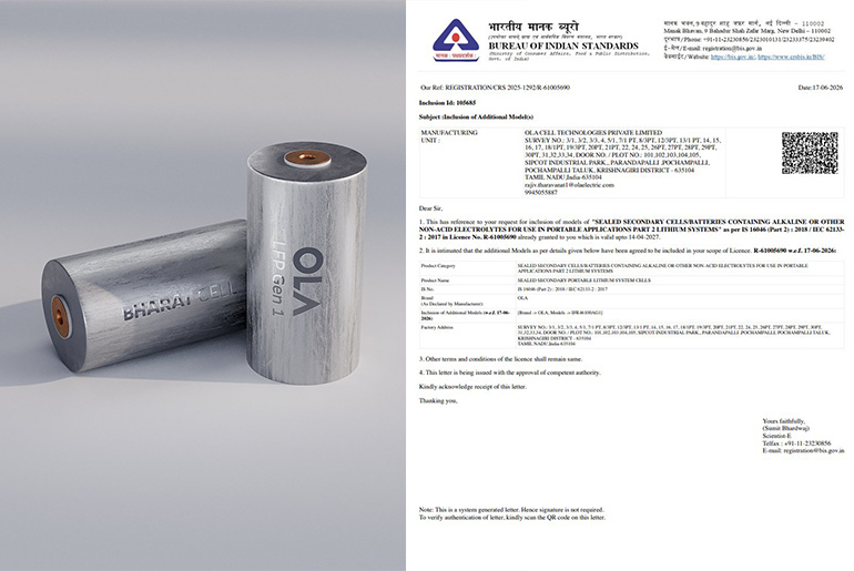 Ola's Indigenous 46100 LFP Cell Receives BIS Certification