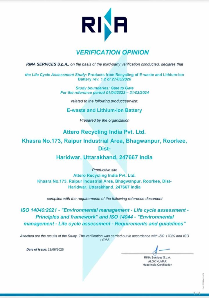 Attero Secures ISO-Verified Life Cycle Assessment for Recycled Metals