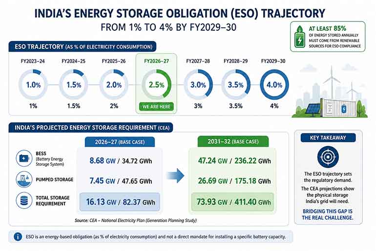 India Energy Storage Obligation trajectory from 1% to 4% and projected BESS requirement through 2031–32