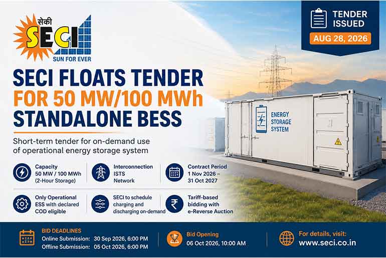 SECI Floats Tender for 50 MW/100 MWh Standalone BESS on Short-Term Basis SECI Floats Tender for 50 MW/100 MWh Standalone BESS