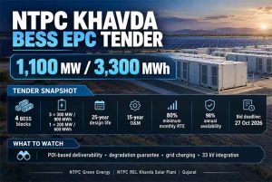 NTPC Floats 3,300 MWh BESS EPC Tender for Khavda Solar Plant NTPC Floats 1,100 MW Khavda BESS EPC Tender