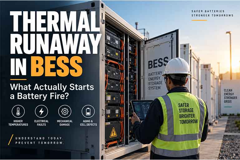 Thermal Runaway in BESS: What Actually Starts a Battery Fire? Thermal runaway can begin inside one cell, but BESS design determines whether failure spreads into dangerous fire.